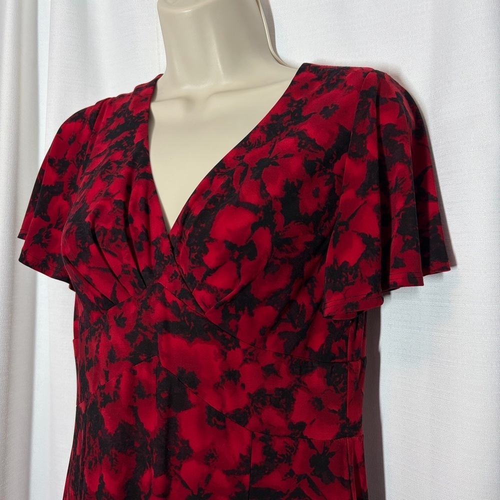 Chaps Dress Dark Floral Red Flutter Sleeve Midi Office Fit Flare Surplice S - Picture 3 of 14